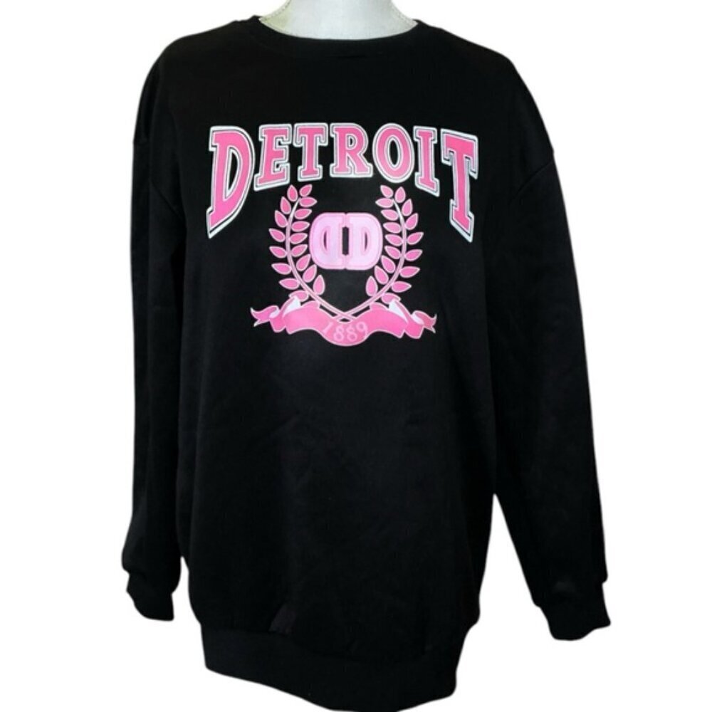 Detroit Sweatshirt Womens Crew Neck Fleece Lined Black Pink Medium Black Pink - Picture 6 of 14